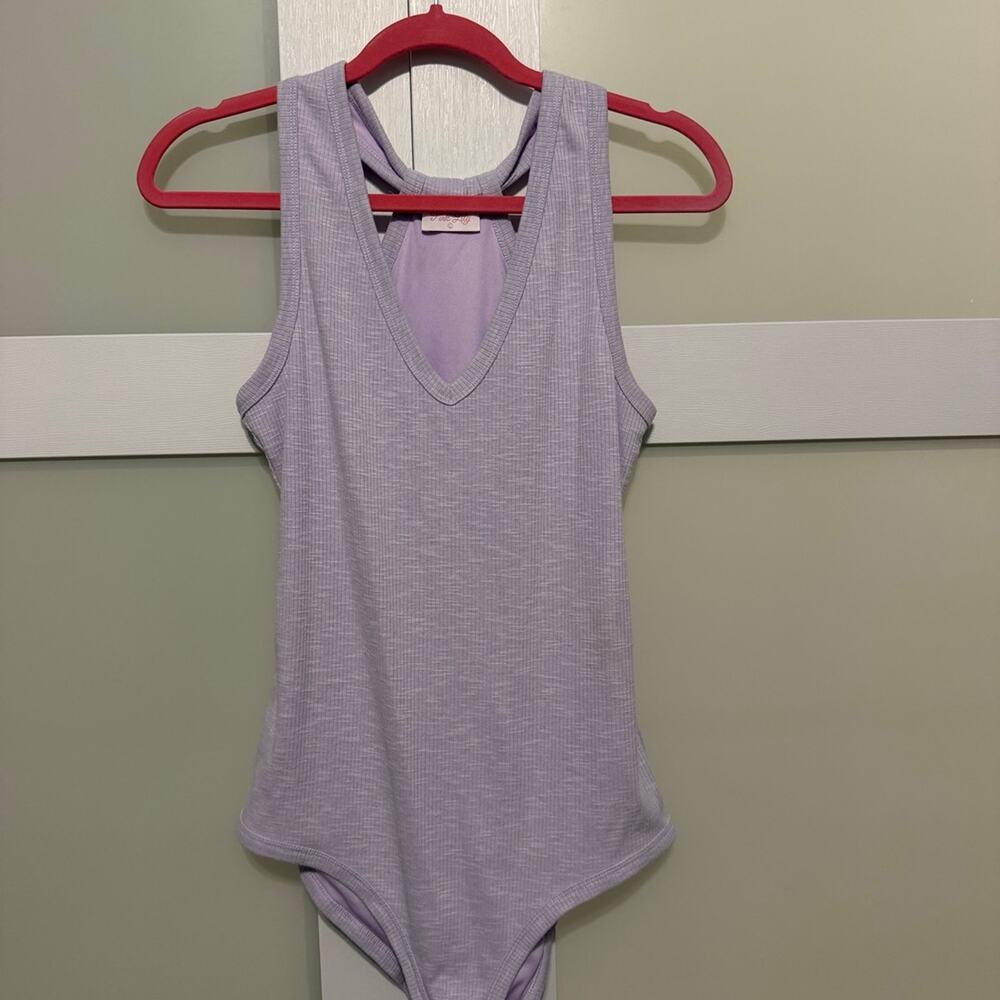 Pink Lily Womens Large Lavender Ribbed Bodysuit Sleeveless Racerback V-Neck